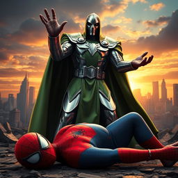 Doctor Doom, in his iconic metallic armor and green cloak, stands triumphantly over a defeated Spider-Man