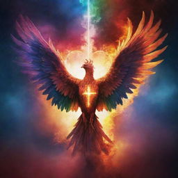 Create a dramatic and inspirational poster depicting the concept of a 'Living Sacrifice'. Include symbolic elements like a phoenix, a cross, and a heart, radiating in brilliant colors against a mystic, star-filled sky.