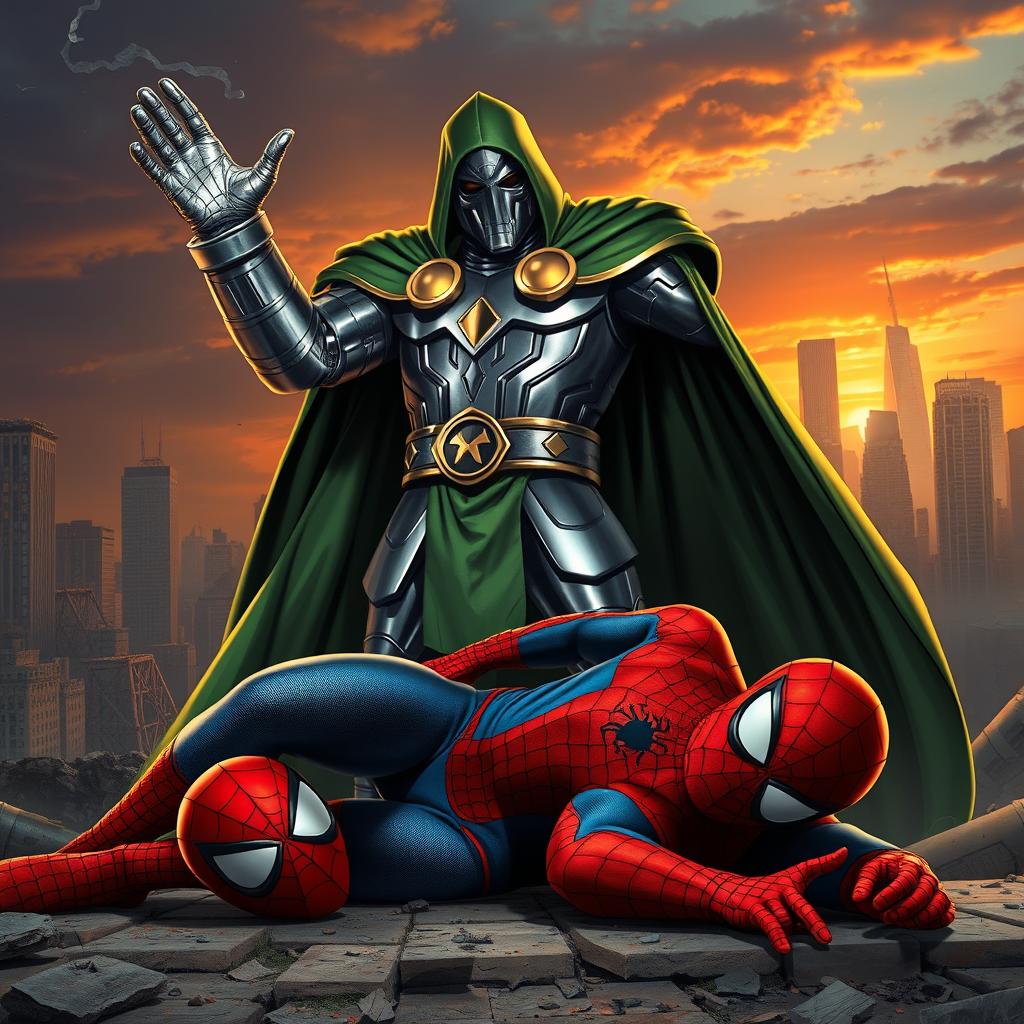 Doctor Doom, in his iconic metallic armor and green cloak, stands triumphantly over a defeated Spider-Man