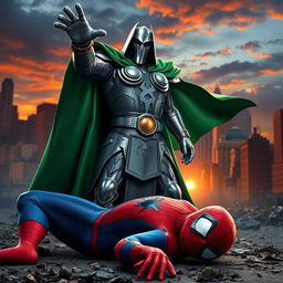 Doctor Doom, in his iconic metallic armor and green cloak, stands triumphantly over a defeated Spider-Man