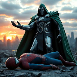 Doctor Doom, in his iconic metallic armor and green cloak, stands triumphantly over a defeated Spider-Man