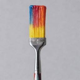 A standing paintbrush with vibrant, multicolored paint dripping from its saturated bristles.