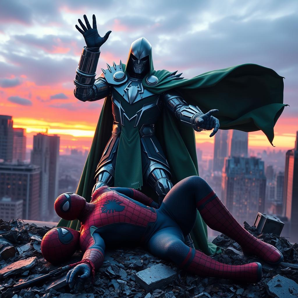 Doctor Doom, in his menacing metallic armor and flowing green cloak, stands victorious over Spider-Man