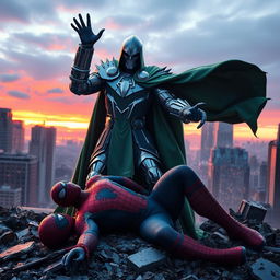 Doctor Doom, in his menacing metallic armor and flowing green cloak, stands victorious over Spider-Man