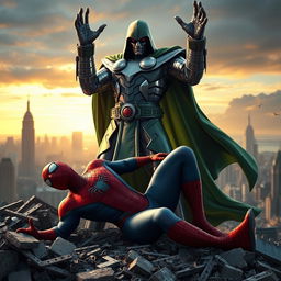 Doctor Doom, in his menacing metallic armor and flowing green cloak, stands victorious over Spider-Man