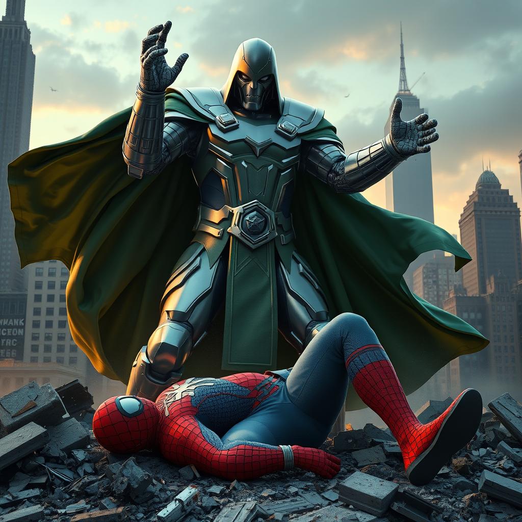 Doctor Doom, in his menacing metallic armor and flowing green cloak, stands victorious over Spider-Man