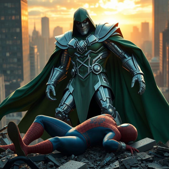 Doctor Doom, in his menacing metallic armor and flowing green cloak, stands victorious over Spider-Man