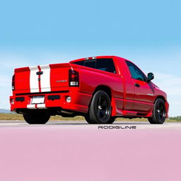 A red 2004 Dodge Ram 1500 pickup truck with two white racing stripes running along its length