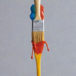 A standing paintbrush with vibrant, multicolored paint dripping from its saturated bristles.