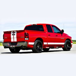 A red 2004 Dodge Ram 1500 pickup truck with two white racing stripes running along its length