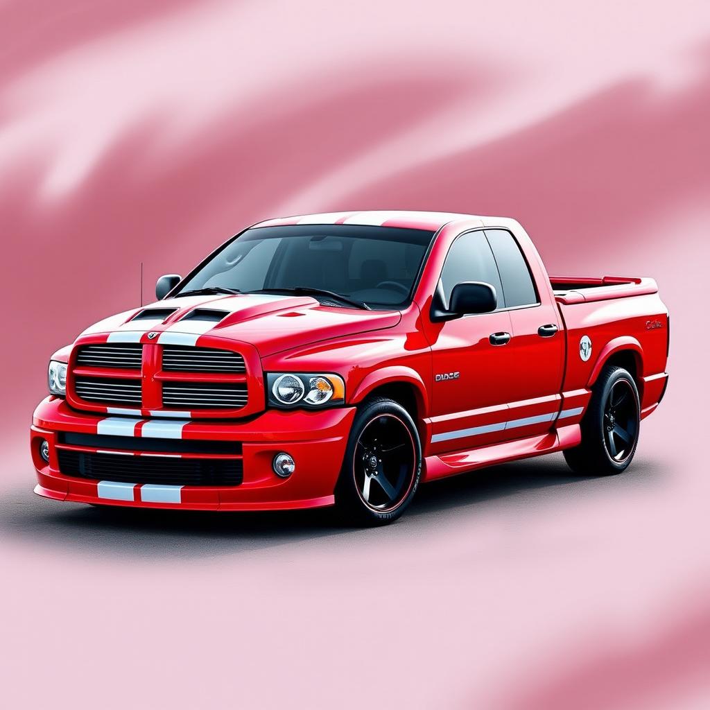 A red 2004 Dodge Ram 1500 pickup truck with two white racing stripes running along its length