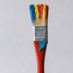 A standing paintbrush with vibrant, multicolored paint dripping from its saturated bristles.