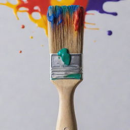 A standing paintbrush with vibrant, multicolored paint dripping from its saturated bristles.