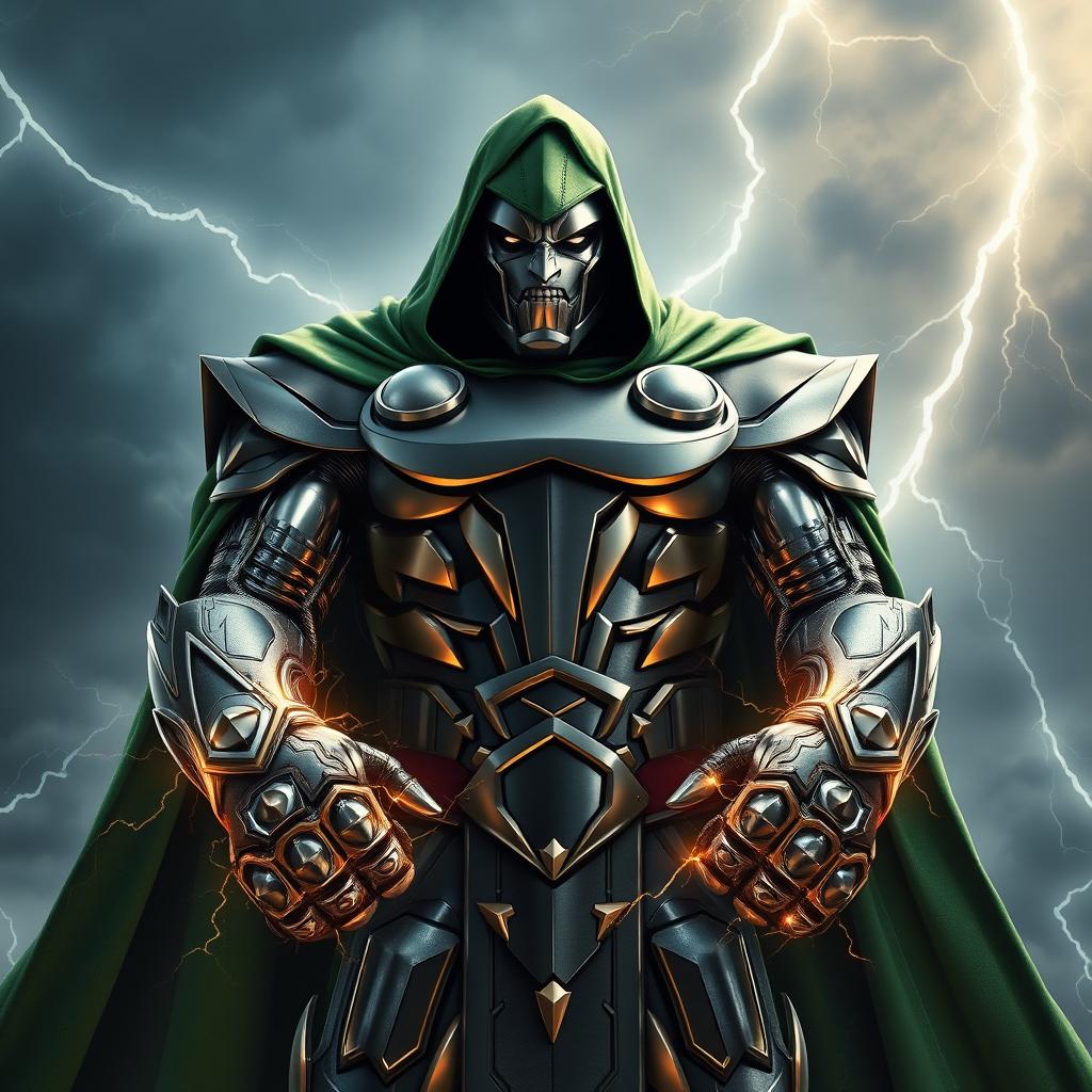 A hyper-realistic portrayal of Doctor Doom at full power, standing imposingly with his iconic metallic armor glistening