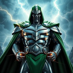 A hyper-realistic portrayal of Doctor Doom at full power, standing imposingly with his iconic metallic armor glistening