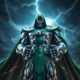 A hyper-realistic portrayal of Doctor Doom at full power, standing imposingly with his iconic metallic armor glistening