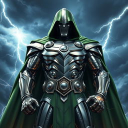 A hyper-realistic portrayal of Doctor Doom at full power, standing imposingly with his iconic metallic armor glistening