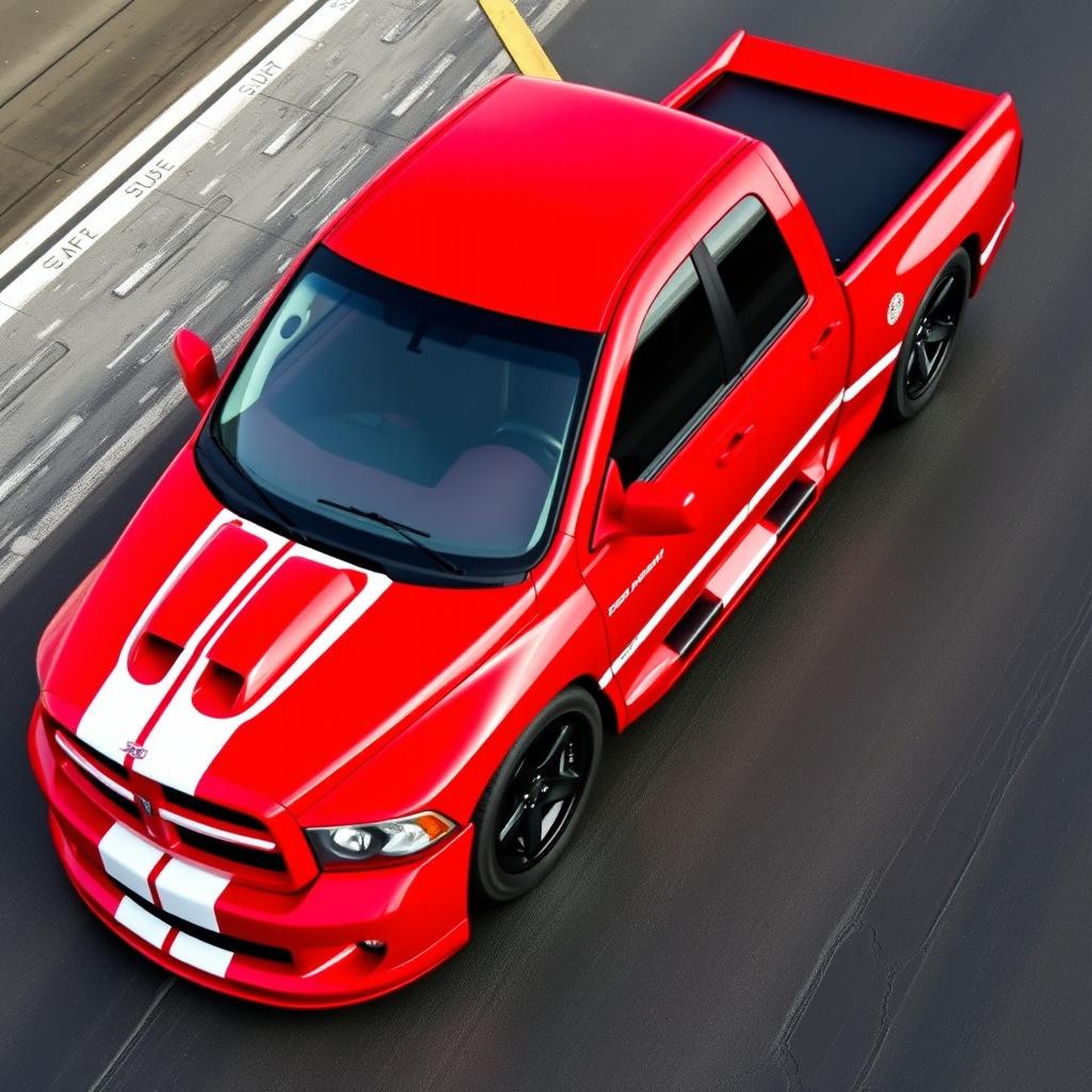 A 2004 Dodge Ram 1500 SRT-10 in vibrant red, featuring two bold white racing stripes