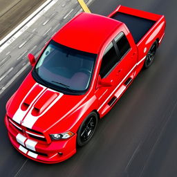 A 2004 Dodge Ram 1500 SRT-10 in vibrant red, featuring two bold white racing stripes