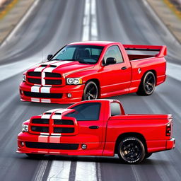 A 2004 Dodge Ram 1500 SRT-10 in vibrant red, featuring two bold white racing stripes