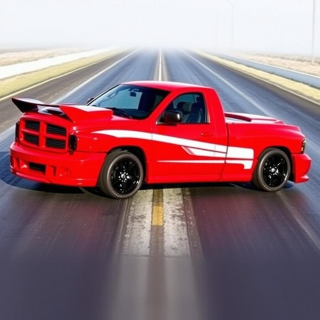 A 2004 Dodge Ram 1500 SRT-10 in vibrant red, featuring two bold white racing stripes