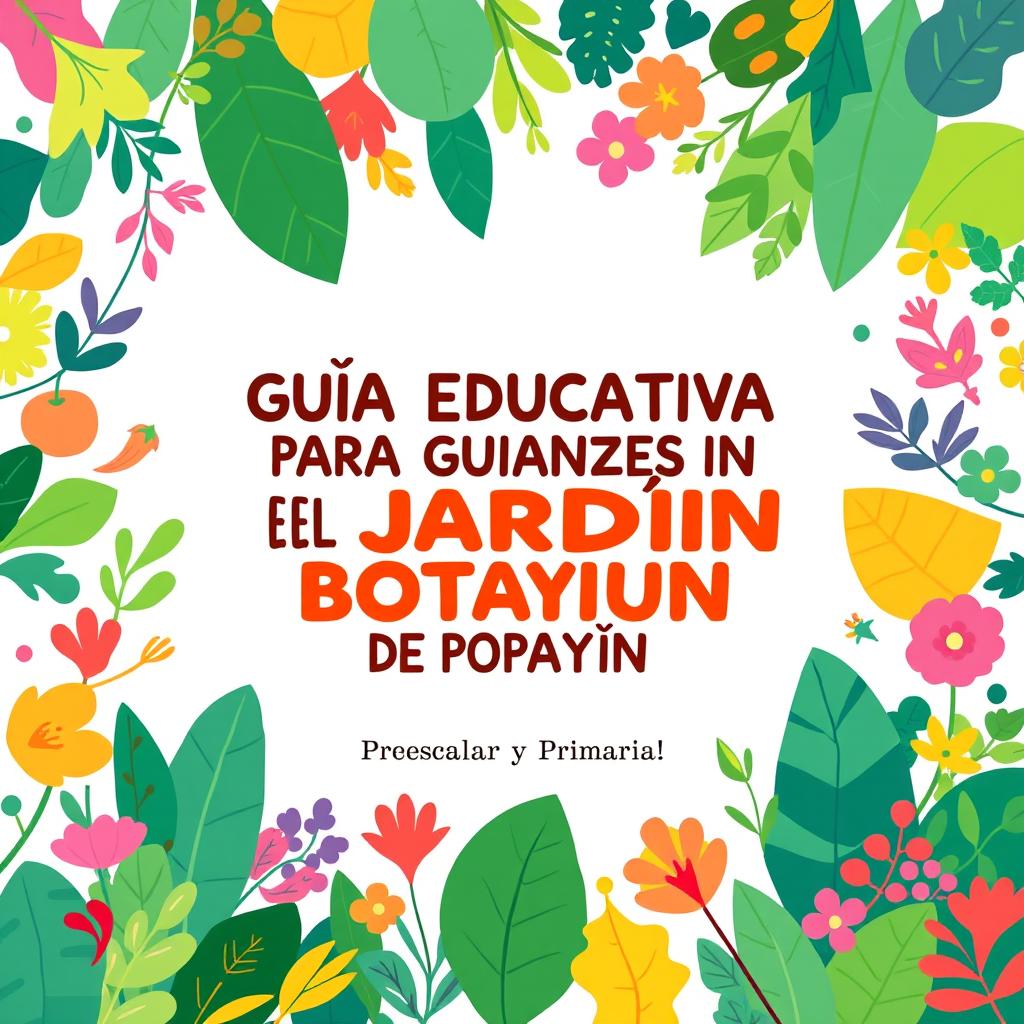 A vibrant and engaging cover design for a children's educational guide, focusing on environmental education at the Popayán Botanical Garden