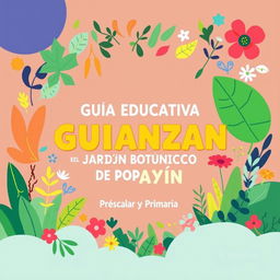 A vibrant and engaging cover design for a children's educational guide, focusing on environmental education at the Popayán Botanical Garden