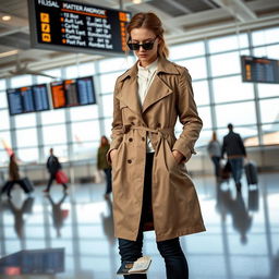 A female model standing at an airport, looking stylish and poised, with a torn passport lying on the floor beside her