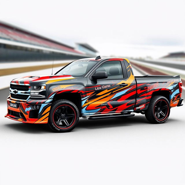 A high-performance pickup truck with a racing-themed wrap