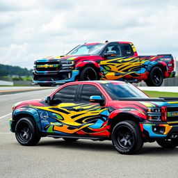 A high-performance pickup truck with a racing-themed wrap