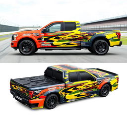 A high-performance pickup truck with a racing-themed wrap