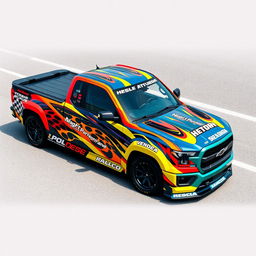 A high-performance pickup truck with a racing-themed wrap