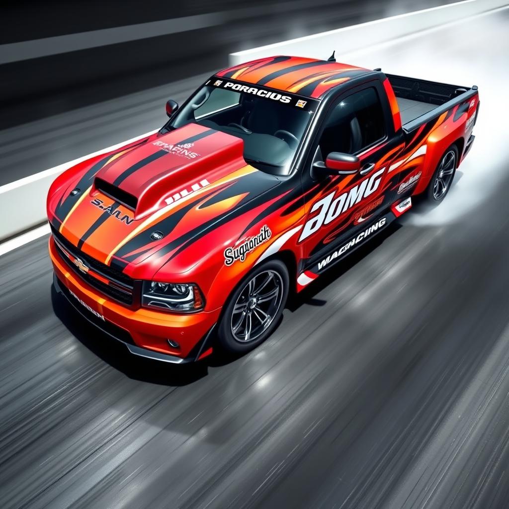 A high-performance pickup truck with a drag racing-themed wrap