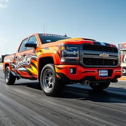 A high-performance pickup truck with a drag racing-themed wrap