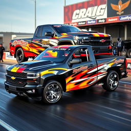 A high-performance pickup truck with a drag racing-themed wrap