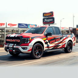 A high-performance pickup truck with a drag racing-themed wrap