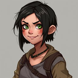 "Lil," depicted in the style of DnD character art, is a scrappy, street-smart girl with dark, cropped hair and dirt-smudged cheeks