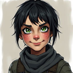 "Lil," depicted in the style of DnD character art, is a scrappy, street-smart girl with dark, cropped hair and dirt-smudged cheeks