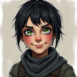 "Lil," depicted in the style of DnD character art, is a scrappy, street-smart girl with dark, cropped hair and dirt-smudged cheeks