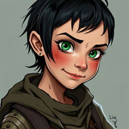 "Lil," depicted in the style of DnD character art, is a scrappy, street-smart girl with dark, cropped hair and dirt-smudged cheeks