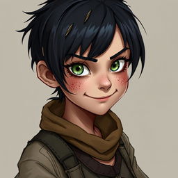 "Lil," depicted in the style of DnD character art, is a scrappy, street-smart girl with dark, cropped hair and dirt-smudged cheeks