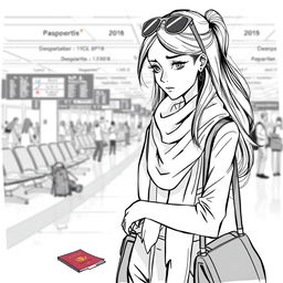 A female model standing at an airport, her expression reflecting concern as she looks at her torn passport on the floor