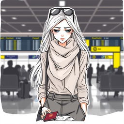 A female model standing at an airport, her expression reflecting concern as she looks at her torn passport on the floor