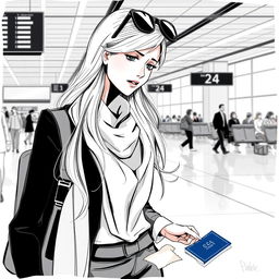 A female model standing at an airport, her expression reflecting concern as she looks at her torn passport on the floor