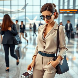 A 3D-rendered image of a stylish female model at an airport