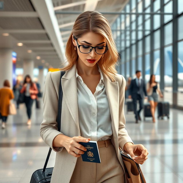 A 3D-rendered image of a stylish female model at an airport