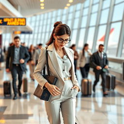 A 3D-rendered image of a stylish female model at an airport