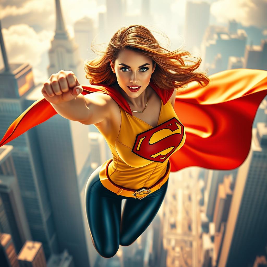 A powerful superheroine in a high-flying action pose, capturing the essence of invincibility and strength with a long flowing cape and emblem on her chest, set in a vibrant, dynamic cityscape background, iconic skyscrapers stretching into the sky