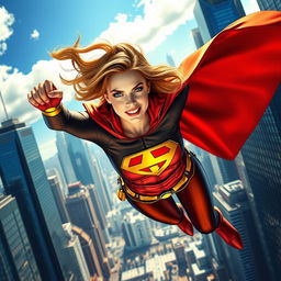 A powerful superheroine in a high-flying action pose, capturing the essence of invincibility and strength with a long flowing cape and emblem on her chest, set in a vibrant, dynamic cityscape background, iconic skyscrapers stretching into the sky