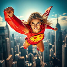 A powerful superheroine in a high-flying action pose, capturing the essence of invincibility and strength with a long flowing cape and emblem on her chest, set in a vibrant, dynamic cityscape background, iconic skyscrapers stretching into the sky